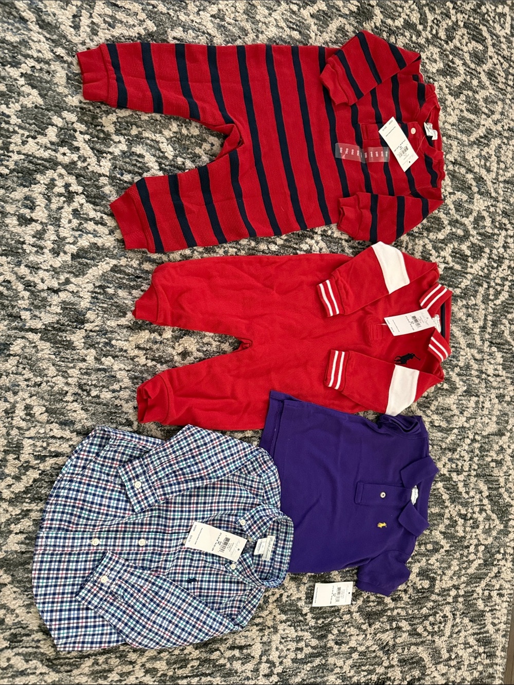 Red & Navy Striped and Solid Red Baby Rompers + Plaid Shirt & Purple Polo Set
